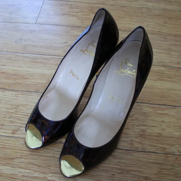 Christian Louboutin Red Heel Patent Leather Peeptoe Brown Tortoise Size 40.5